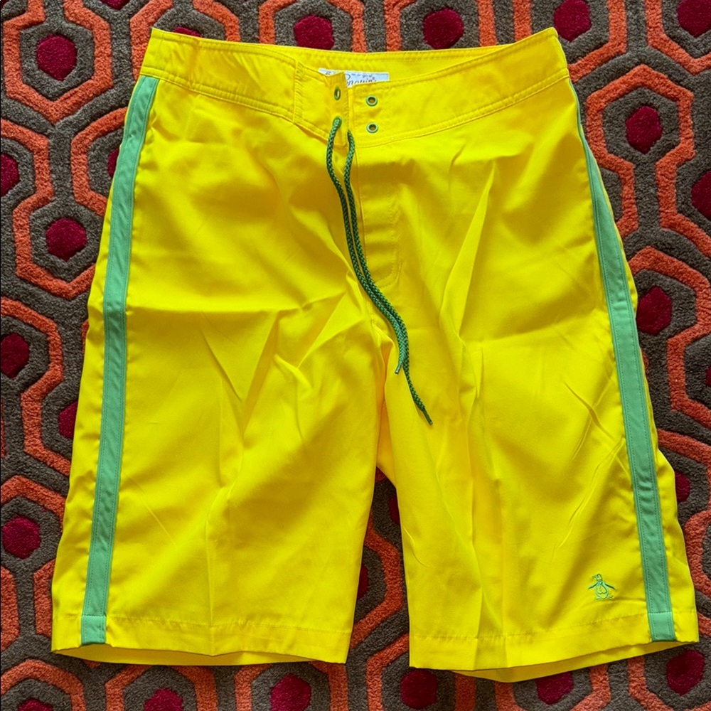 Original Penguin Yellow and Green Board Shorts Quick-Dry Swim Trunks swimsuit 32